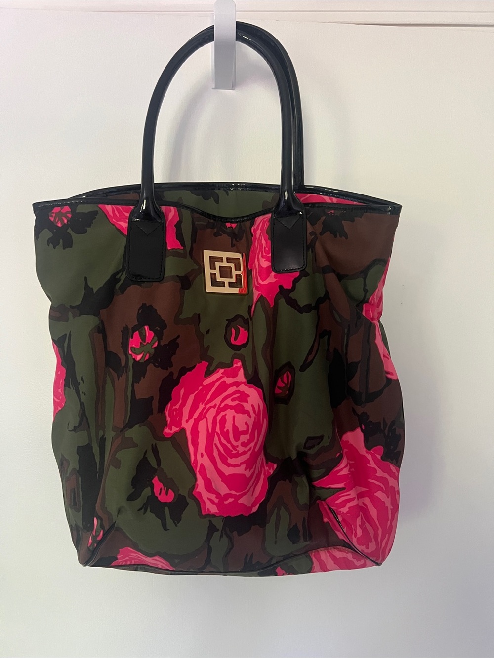 Floral Tote Bag with Black Handles - Pink & Olive